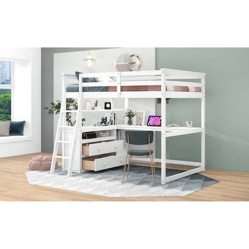 Gray Full-Size Loft Bed with Desk, Shelves, and Two Built-In Drawers