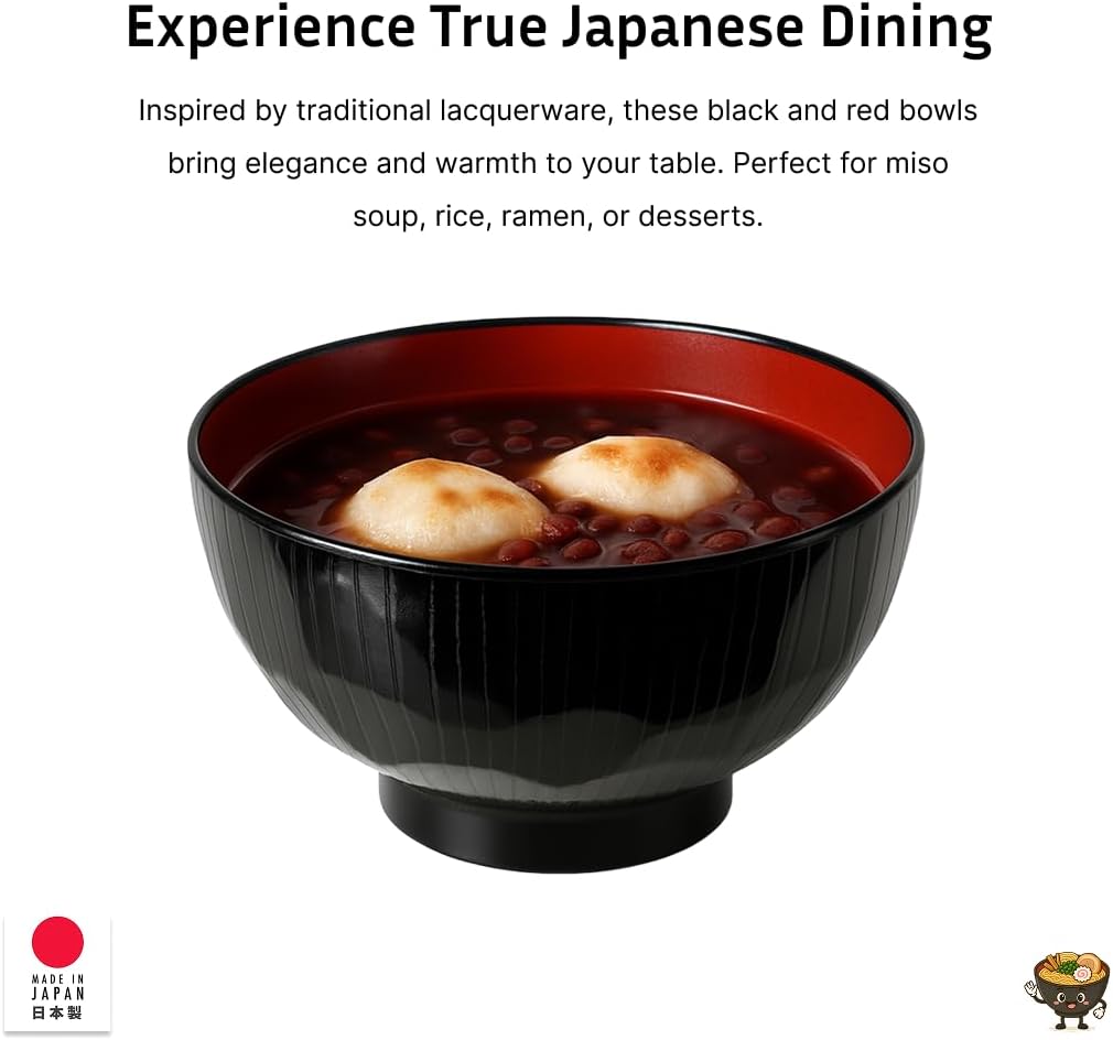 2-Pack Japanese Soup Bowls, Traditional Miso & Rice Bowls, Microwave & Dishwasher Safe, Made in Japan, Black/Red