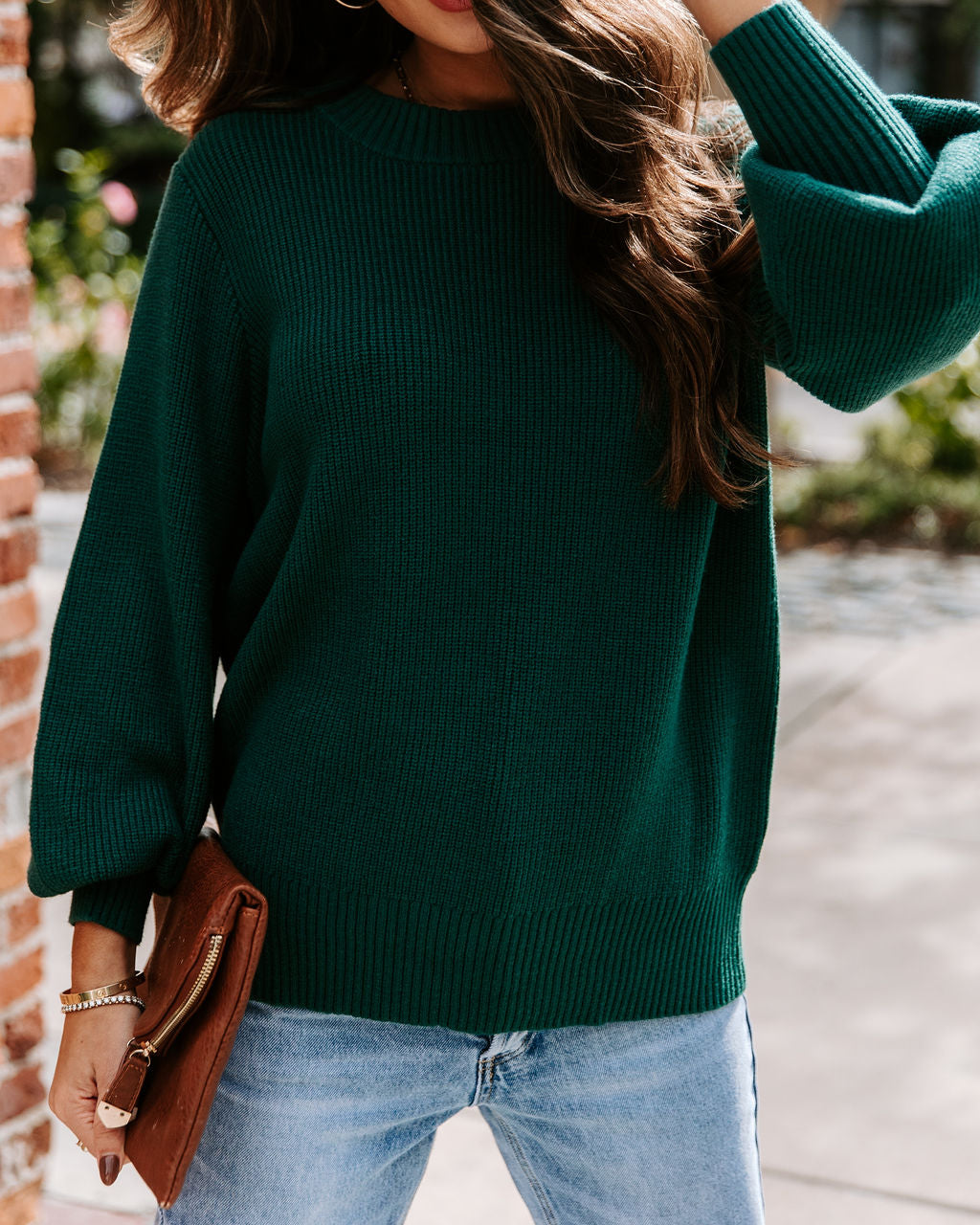 Baby It'S You Knit Balloon Sleeve Pullover Sweater - Hunter Green - Se7enfashion