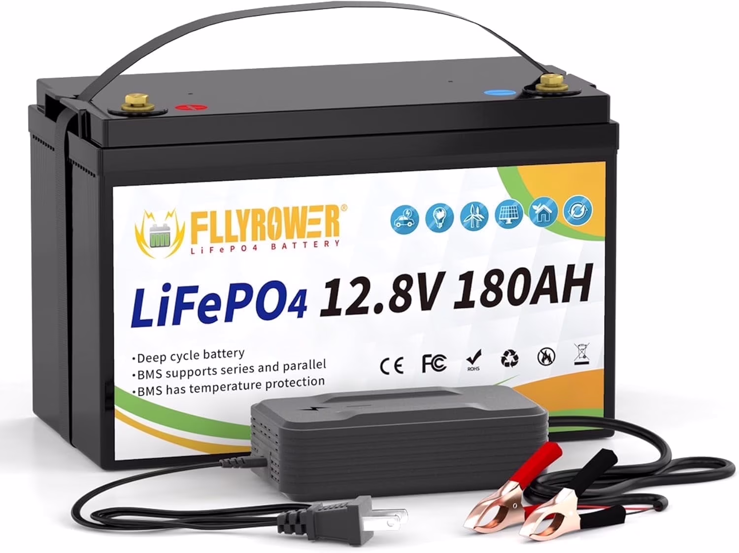 12V 180ah LiFePO4 Battery with Charger, for Trolling Motor RV Marine Solar Camping Off - Grid Boat, 15000+Deep Cycles Batteries