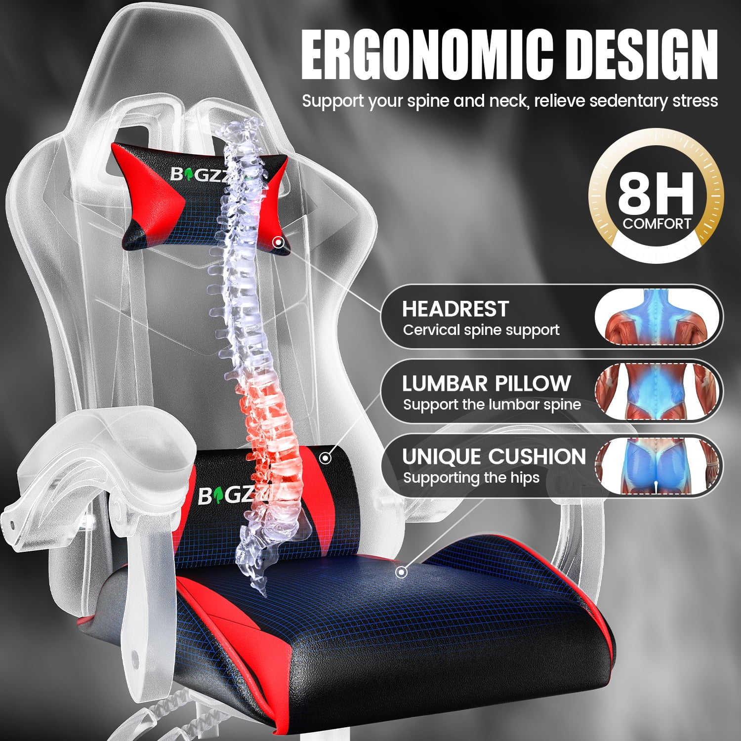 Bigzzia Gaming Chair Office Chair, Ergonomic Game Chair with Height Adjustable Headrest and Lumbar Support for Adults Teens, Black & White - Image 43