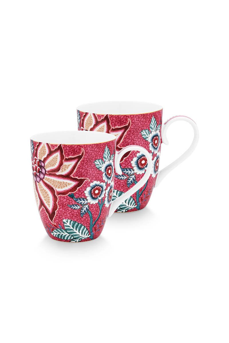 Set/2 Mugs Large Flower Festival Dark Pink