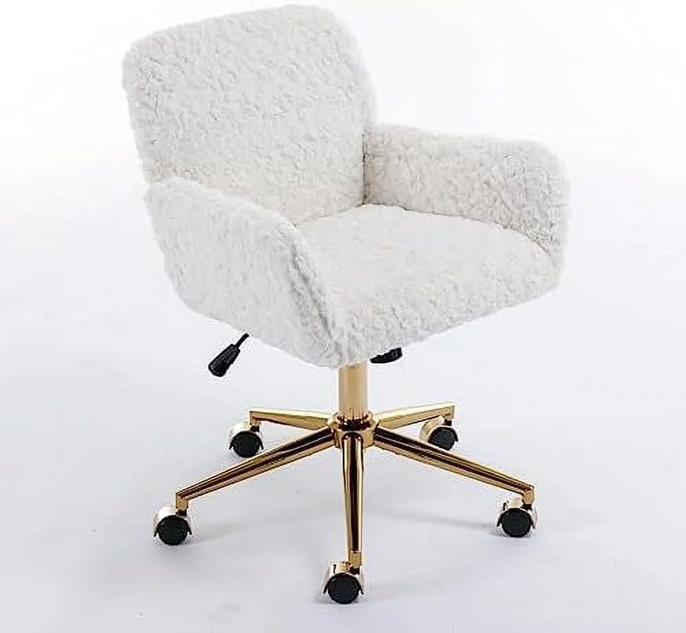 Fluffy Desk Chair,Height Adjustable Vanity Chair with Wheels,Comfortable Faux Fur Desk Chair with goldenn Base, Arm Chair for Bedroom,Living Room,Vanity,Office - Image 8