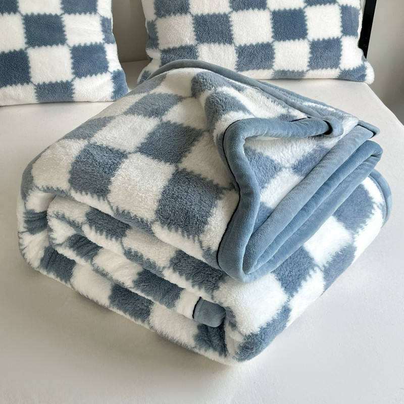 Double Layer Flannel Blanket Checkered Print Thick Warm for Hotel Home