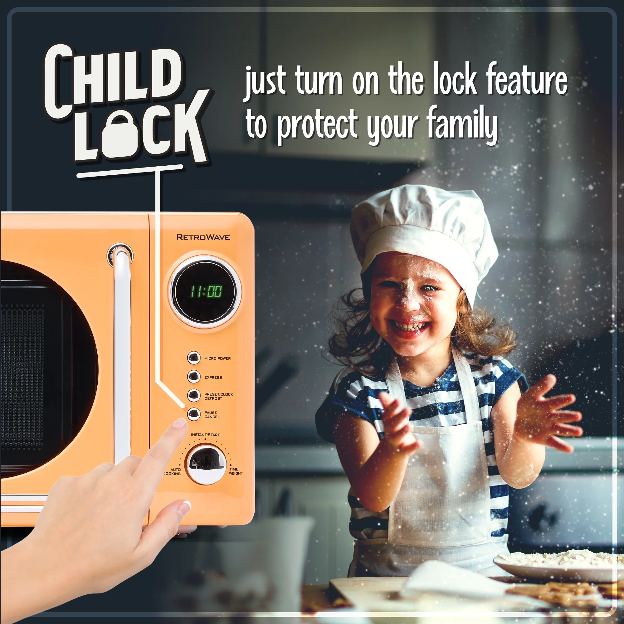 Nostalgia Retro Compact Countertop Microwave Oven - 0.7 Cu. Ft. - 700-Watts with LED Digital Display - Child Lock - Easy Clean Interior - Orange - Image 10