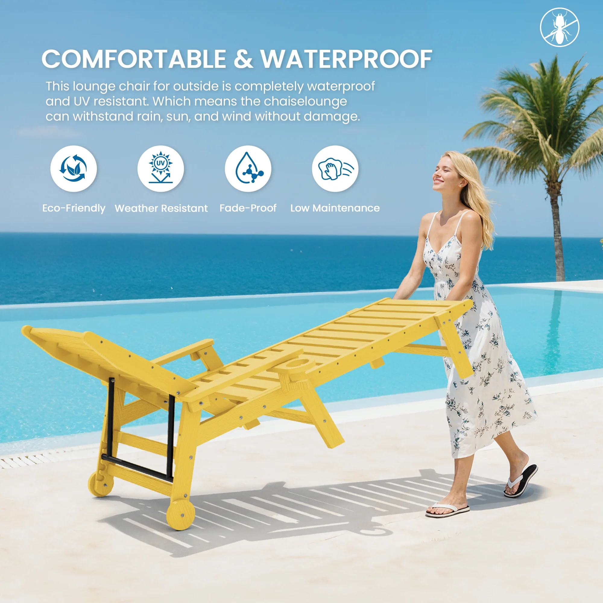 SERWALL Patio Chaise Lounge Chair, 78'' HDPE Outdoor Lounge Chair 5 Positions Pool Lounger Navy Blue - Image 35