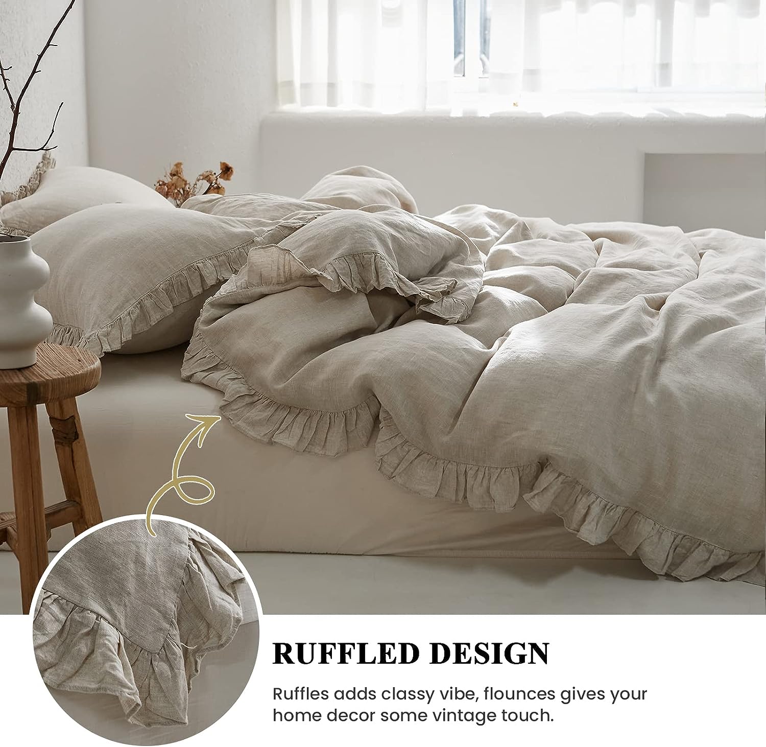 100% Washed French Linen Polyester Duvet Cover Set Premium Ruffled Farmhouse Bedding Natural Flax High End Frill Sets