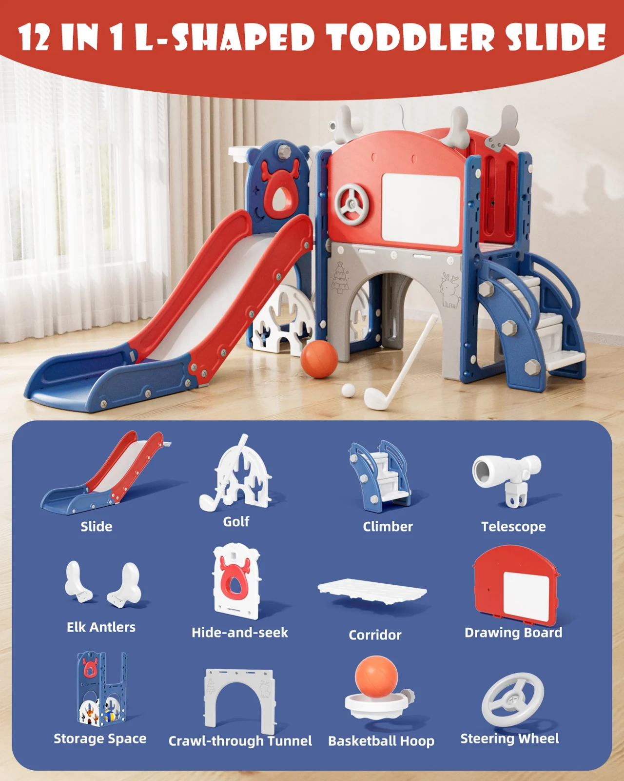 Korimefa 11-in-1 Toddler Slide Set with Golf, Basketball Hoop, Kids Slide for Toddlers Age 1-4, Climber Slip and Slides, Baby Outdoor Toys - Image 68