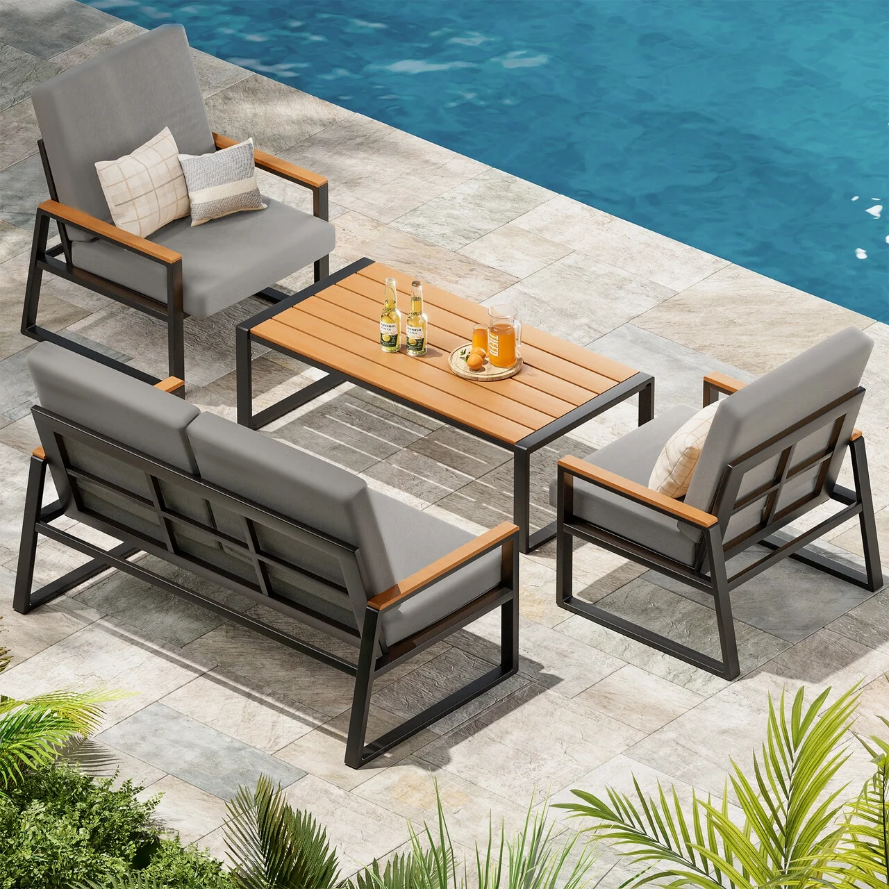 Patio Furniture Set on Sale, Lofka 7-Piece Outdoor Sectional Furniture Set with Glass Coffee Table Garden, Gray - Image 13
