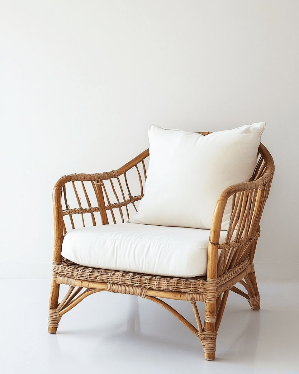 Sillón de ratán natural con cojines blancos – estilo bohemio – para interior