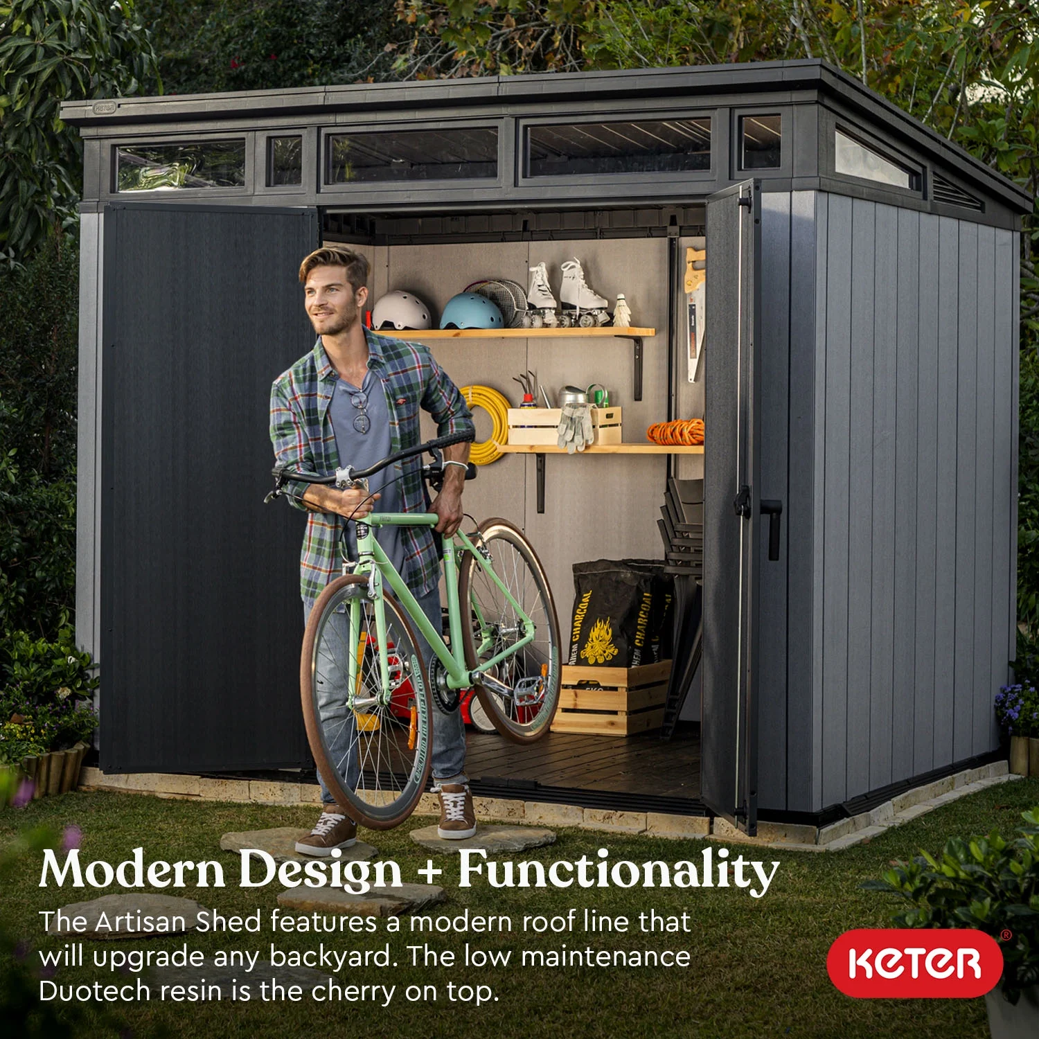 Keter Artisan 9x7 Foot Large Outdoor Shed & Floor w/Modern Design, Grey - Image 2