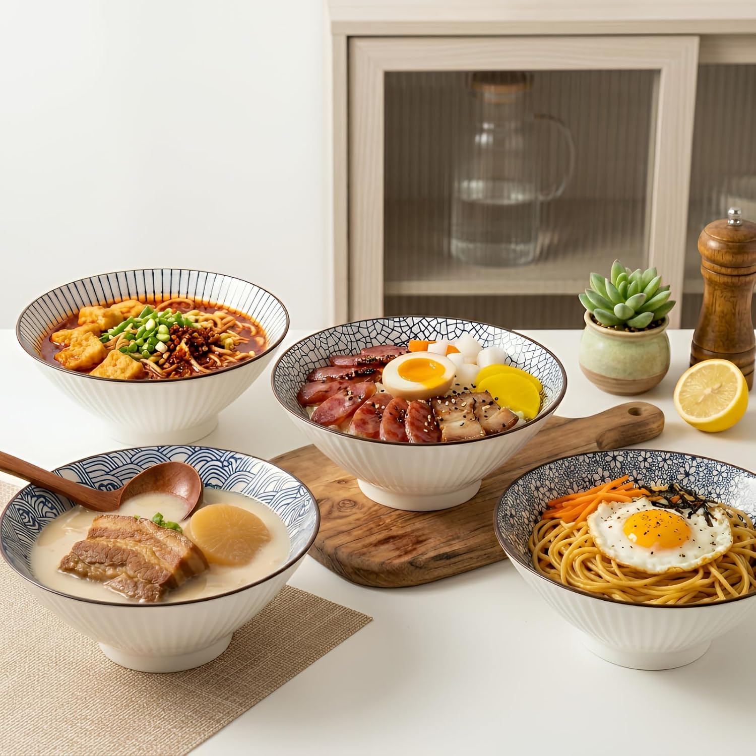 QINLANG 38 oz Japanese Ramen Bowls, Ceramic Set of 4 for Cereal, Soup, Pho, Noodles - Blue and White, 8 Inches