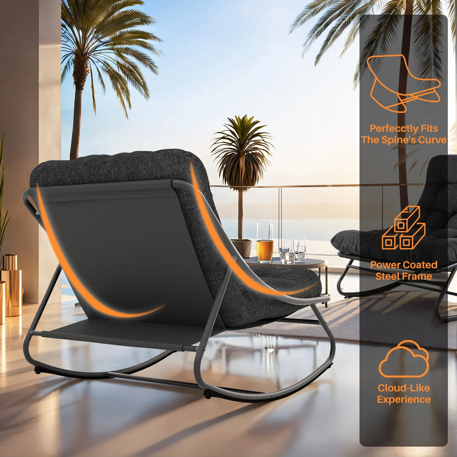 Outdoor Rocking Chair, Indoor Oversized Comfy Reading Chairs Set with Cushion, Patio Rocker Recliner Chair, Grey - Image 8