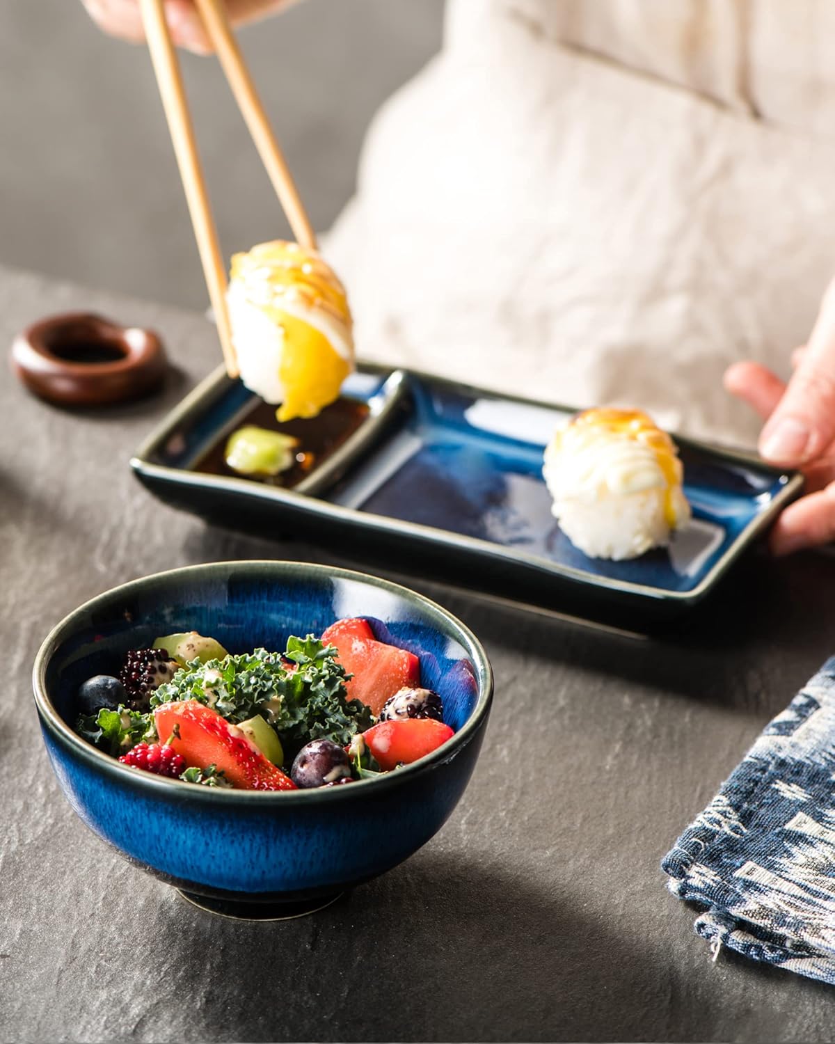 HENXFEN LEAD Ceramic Japanese Appetizer Sushi Plates and Bowls Set for 2 | 7