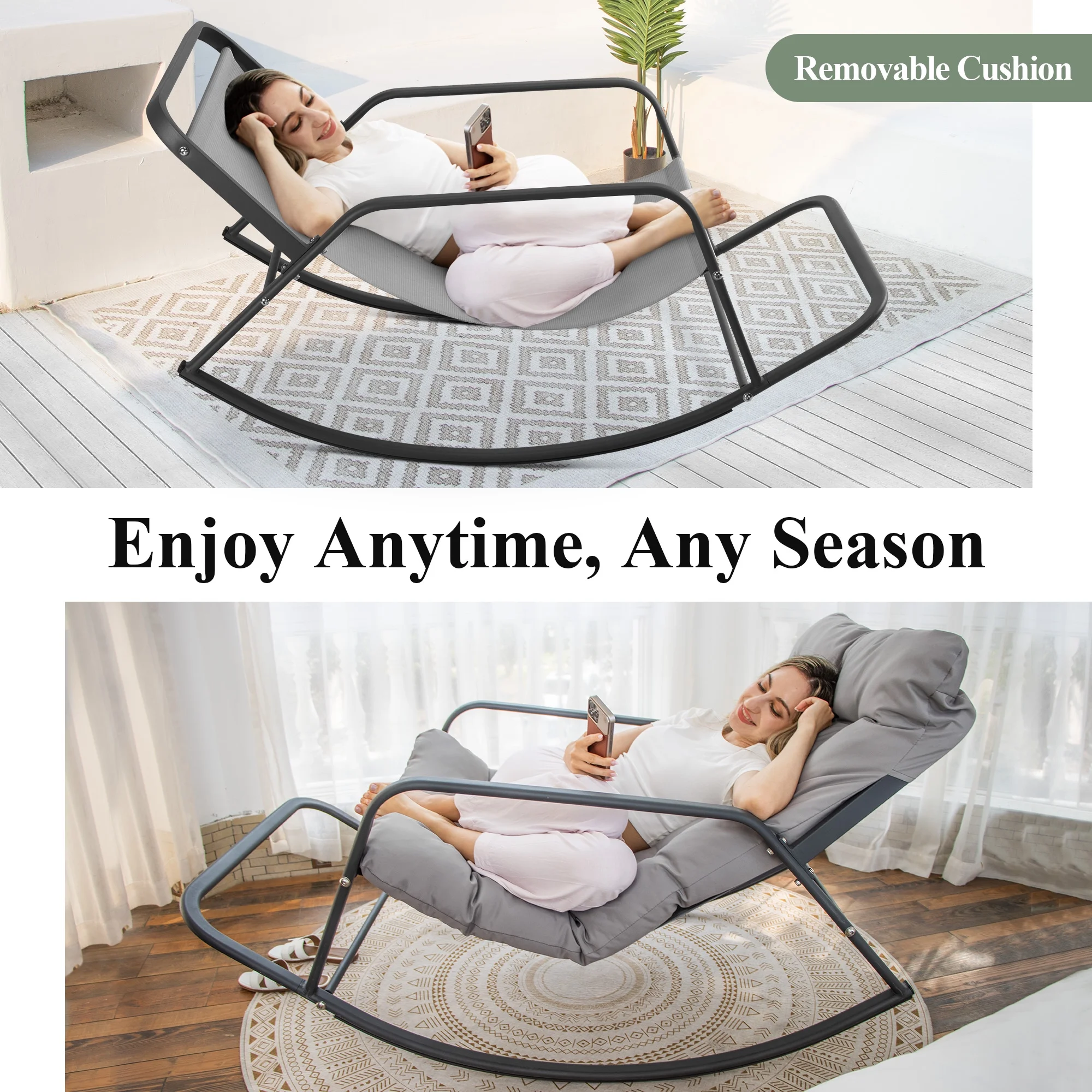 RADIATA Oversized Rocking Chair with Footrest, RADIATA Patio Papasan Rocking Recliner for Indoor Outdoor Use, Heavy Duty Wicker Lounge Chair, 450lbs, Beige - Image 10