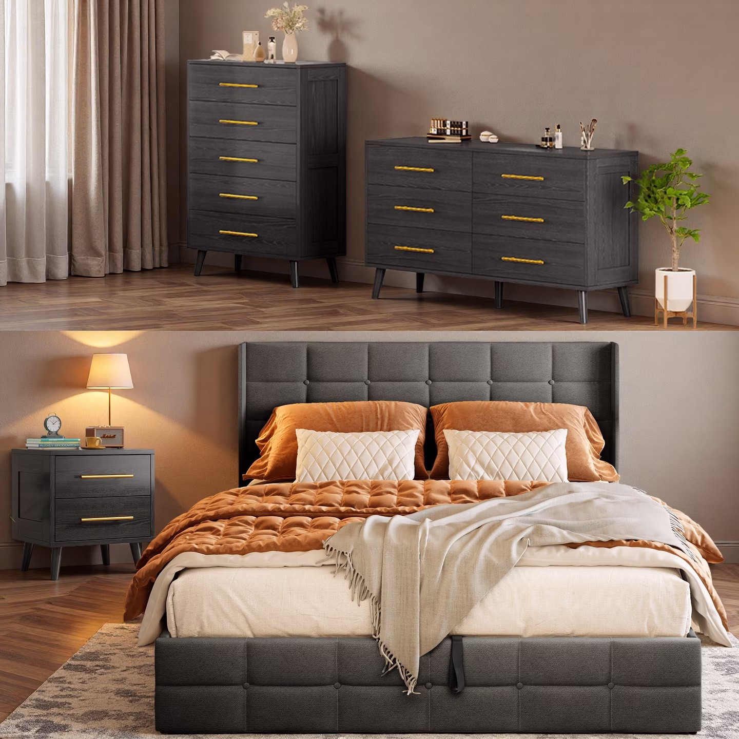 Bedroom Set - Includes Full Size Bed Frame (Dark Gray), Nightstands, 5 - Drawer Dresser Double Wide 6 - Drawer Dresser - Modern Storage Solution for Stylish Home Decor, Black