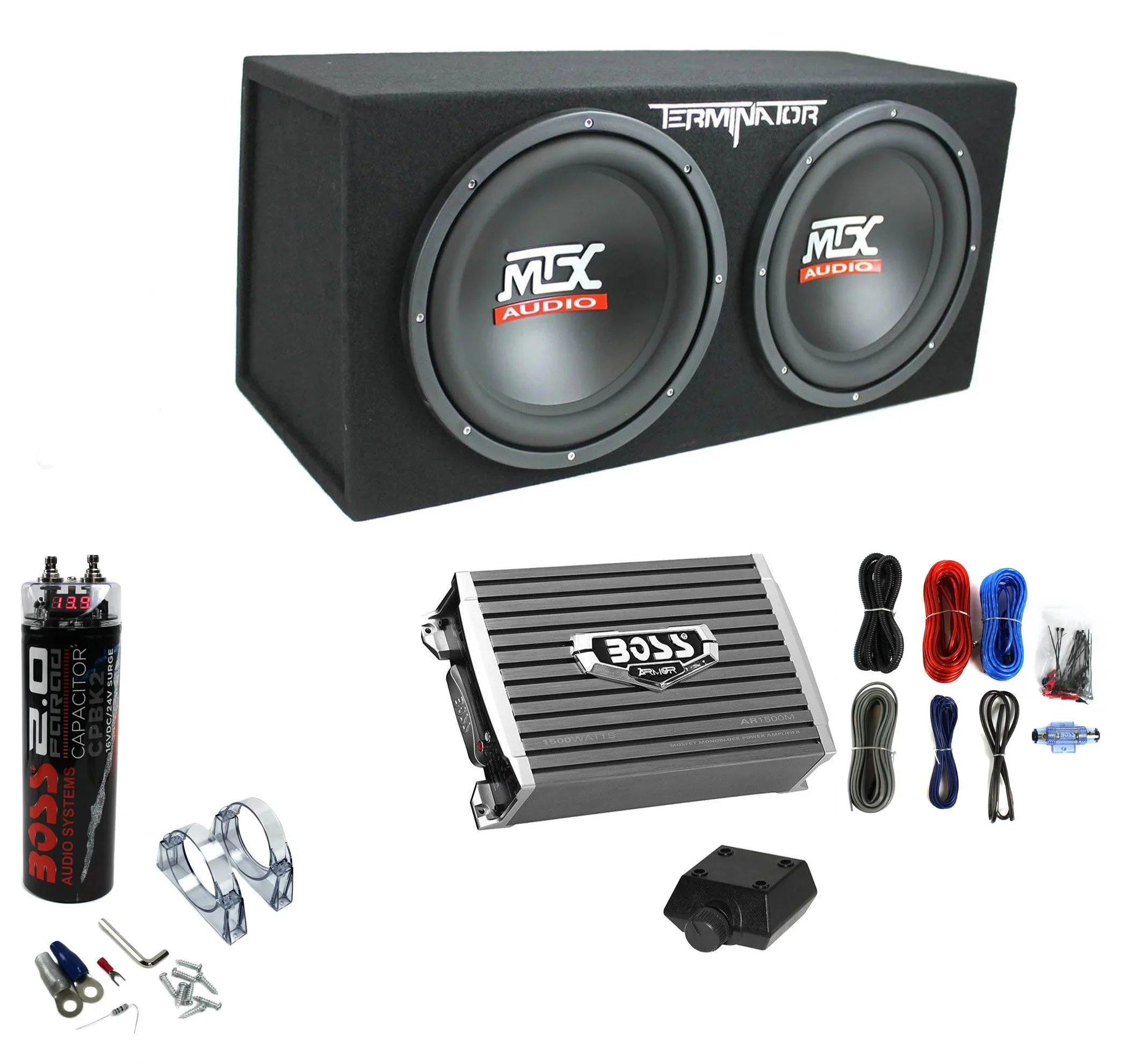 1200W Dual Loaded Subwoofer Box + 1500W Amplifier + Capacitor