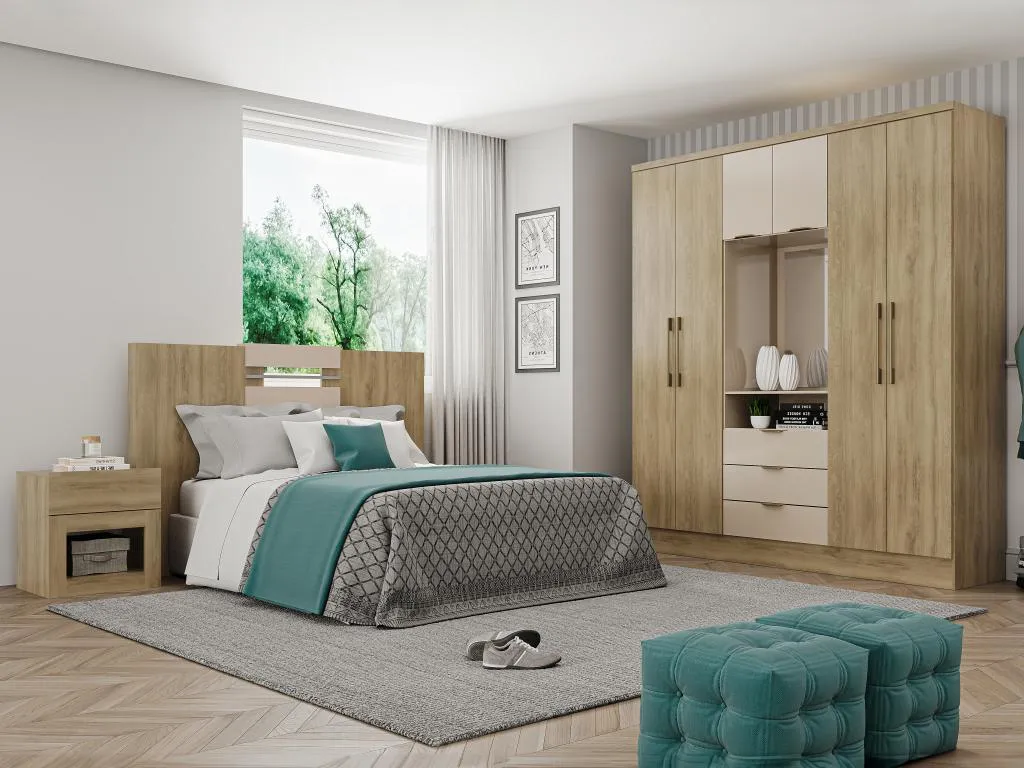 Armario 6 puertas y 3 cajones - Con espejo - 180 cm de ancho - Color - natural y beige - Hogarsens