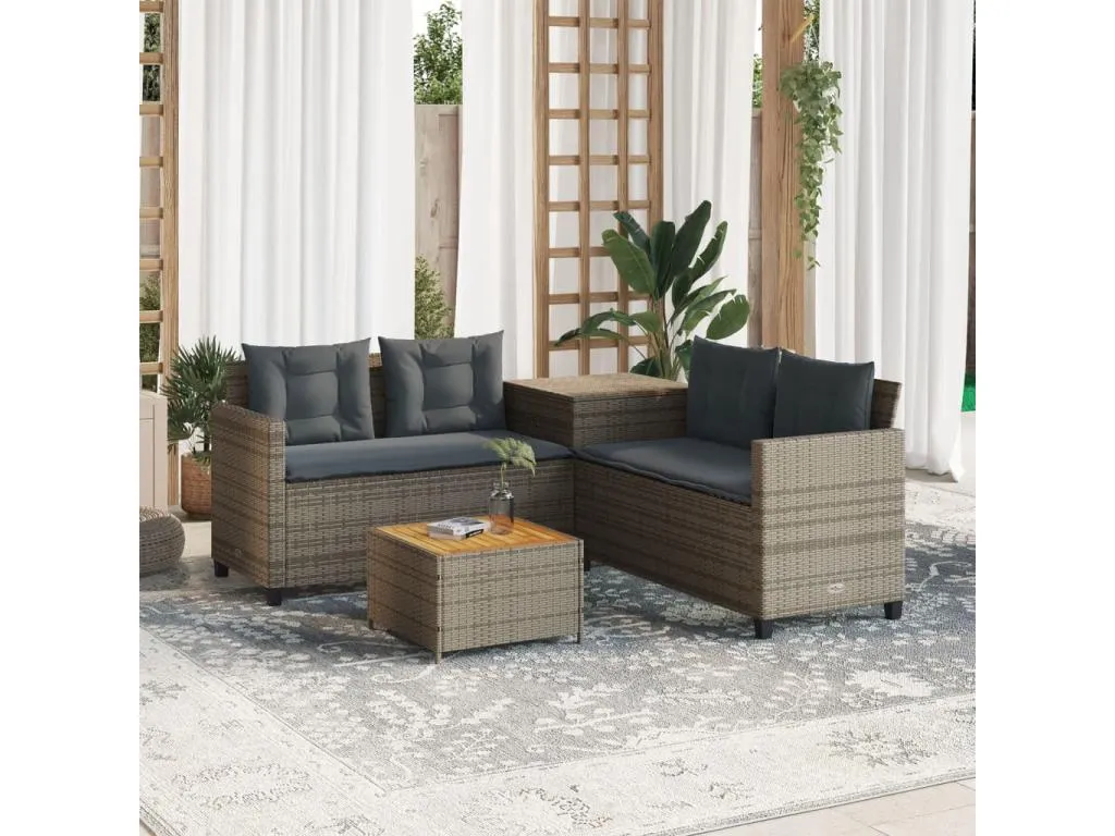 Sofá de jardín en forma de L con mesa y cojines ratán PE gris