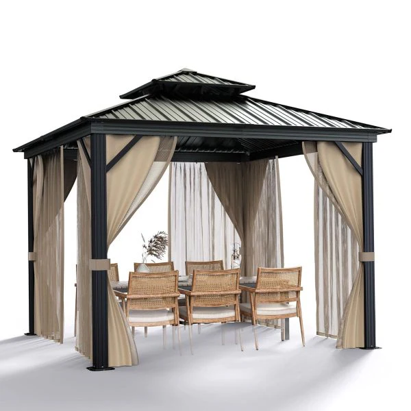 10x10 Hardtop Gazebo with double metal roof. aluminum frame. net. and curtain. All-weather. ideal for patio. deck. garden. backyard. Khaki.(Khaki/10x10FT)