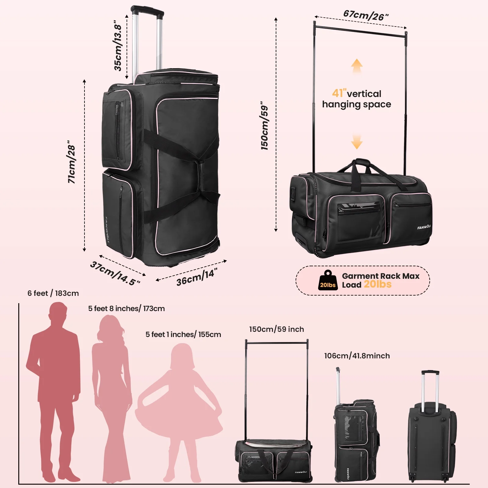 Fegat Dance Bag with Garment Rack - 28"Collapsible Rolling Competition Dance Duffle Bag Lightweight Costume Wheeled Suitcase for Dancers Shows Livestreamer Athletes - Image 43