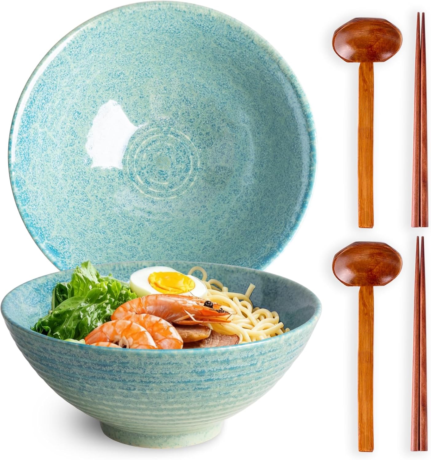 40oz Japanese Ceramic Ramen Bowl Set of 2 with Chopsticks and Spoons for Pho Udon Asian Soup Noodles (Jade Speck)