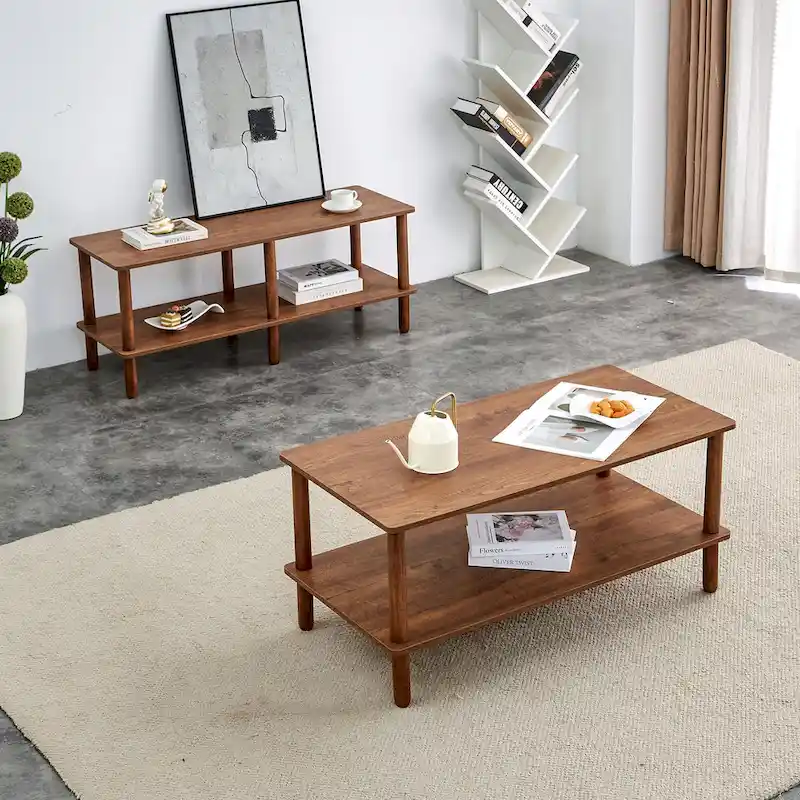 39-Inch Coffee Table with Two-Tier Design and Rubberwood Legs