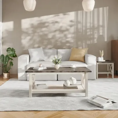 Farmhouse Coffee Table with Shelf and X-Frame Design