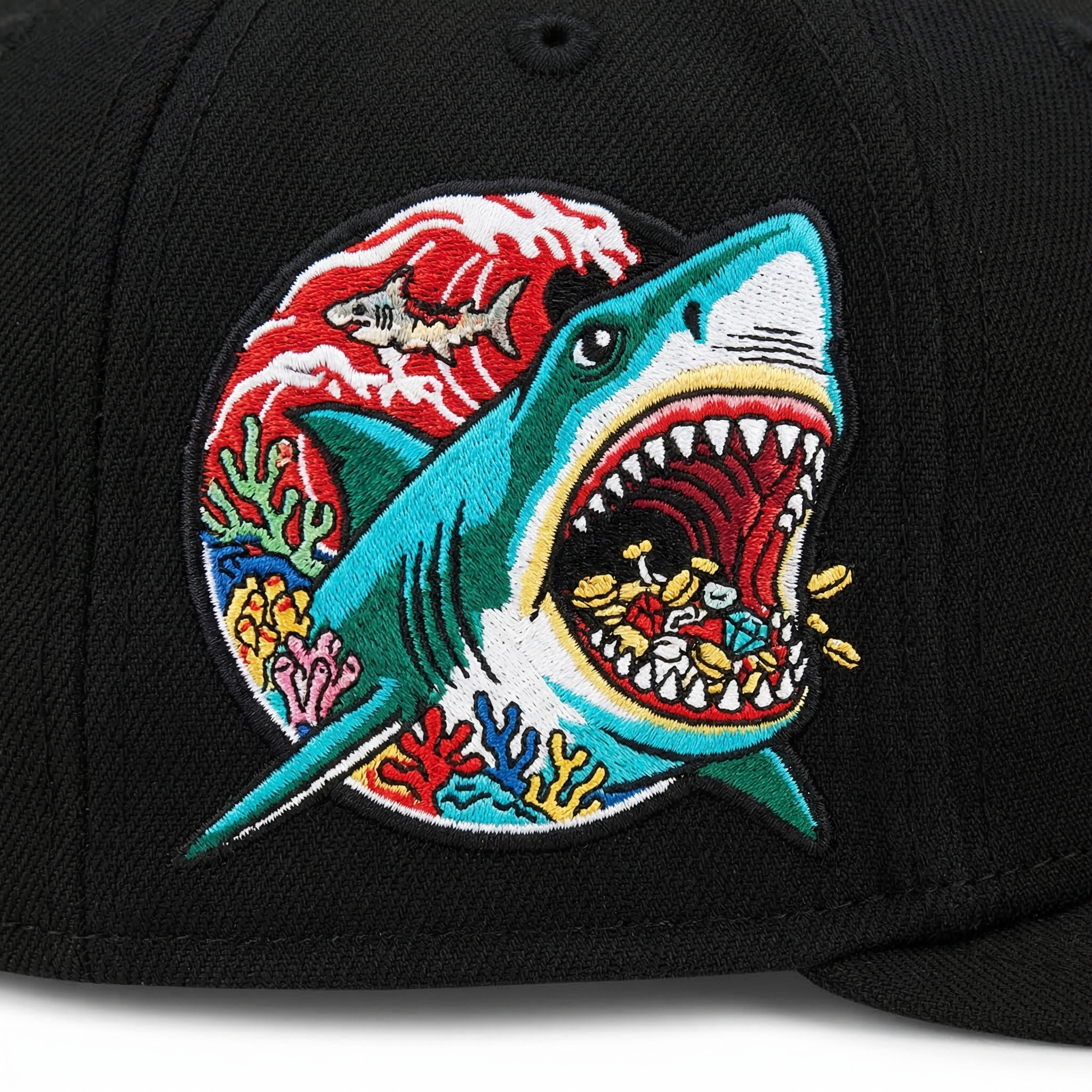 Black LA Angels baseball hat with red logo and detailed shark embroidery design.