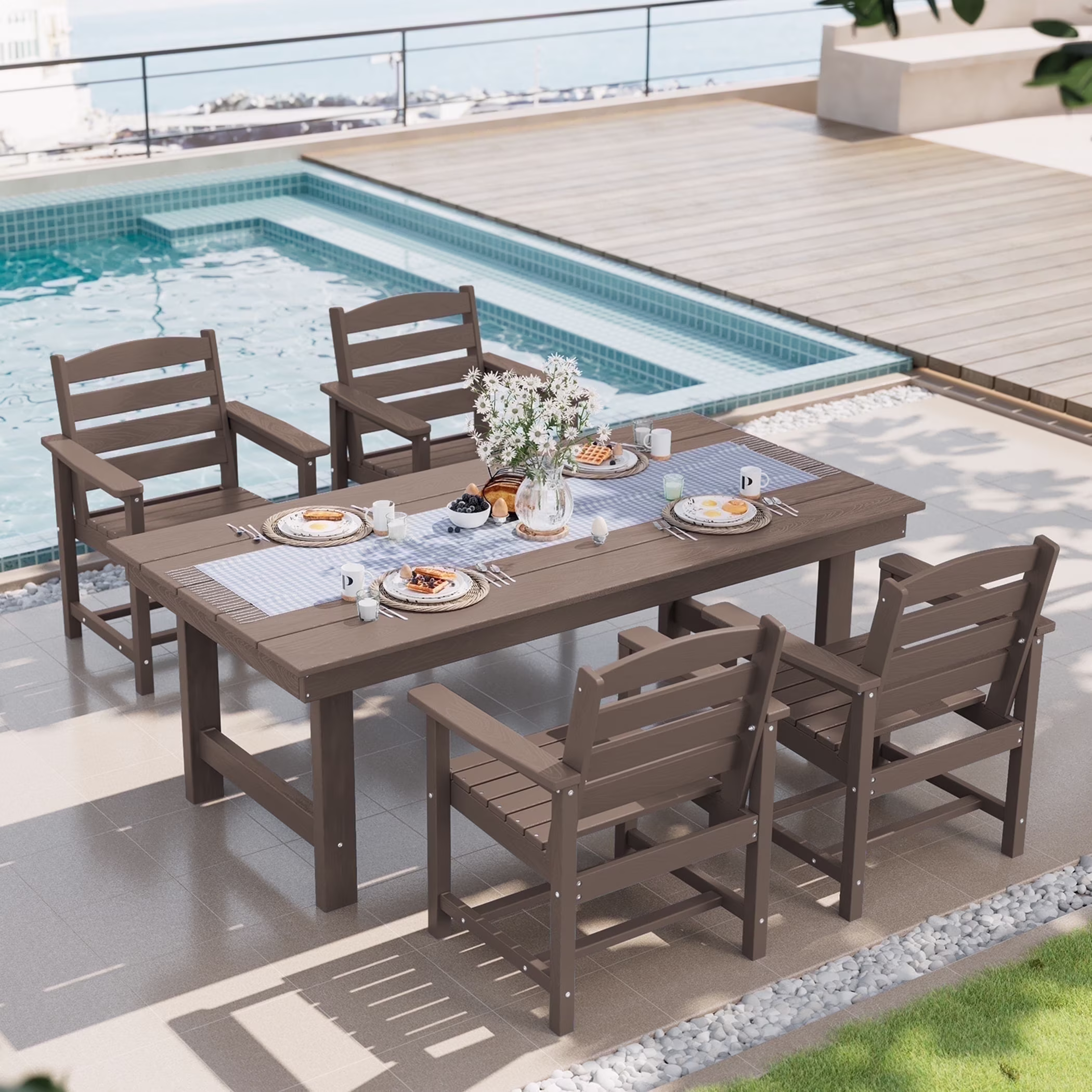 SERWALL Outdoor HDPE Dining Table Set, 7-Piece Outdoor Dining Table Sets with Umbrella Hole, Grey - Image 10