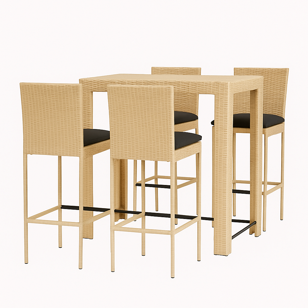 Barra de jardín, una barra de exterior con 4 taburetes, beige