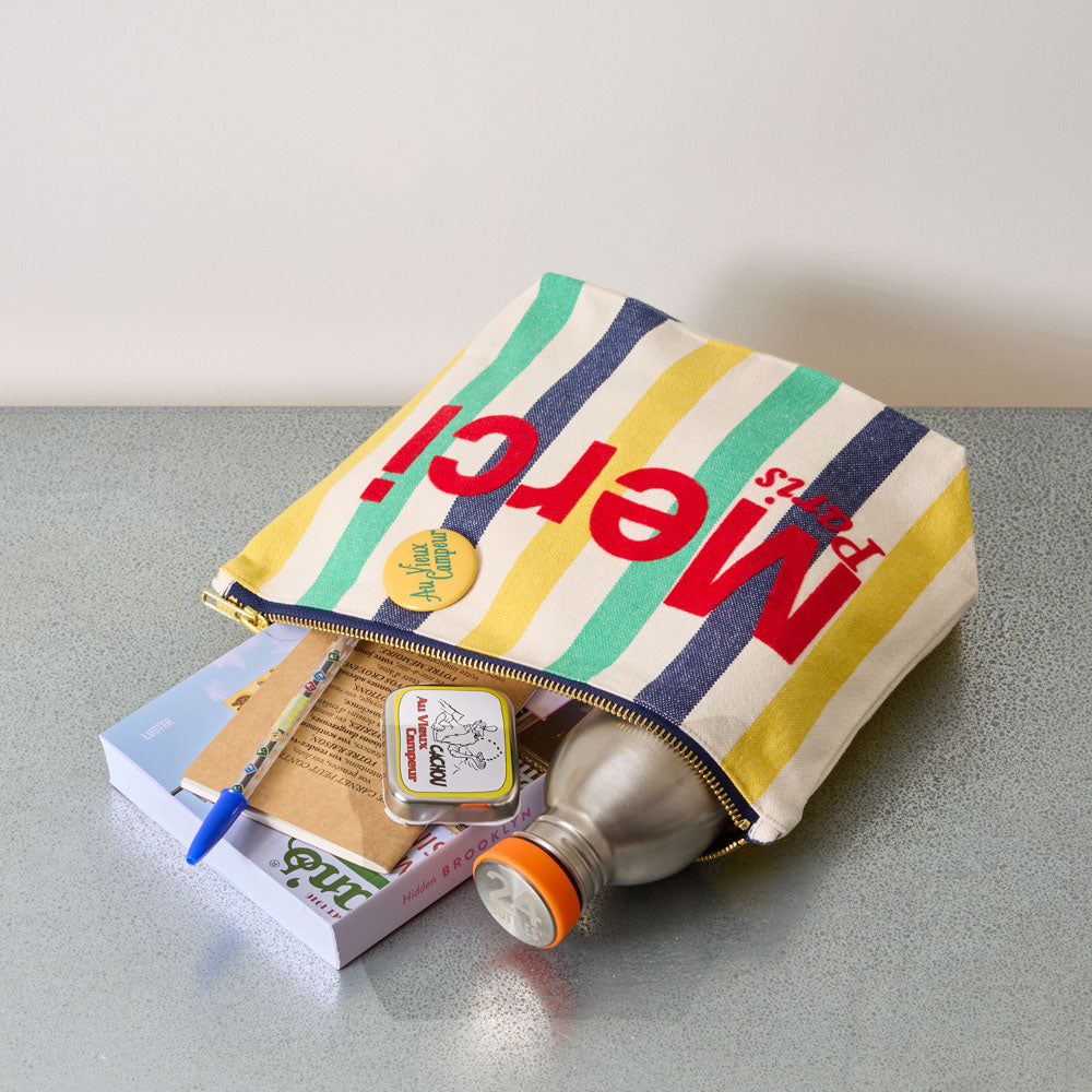 Merci - Pochette en coton rayé - Bleu Nuit & Banane