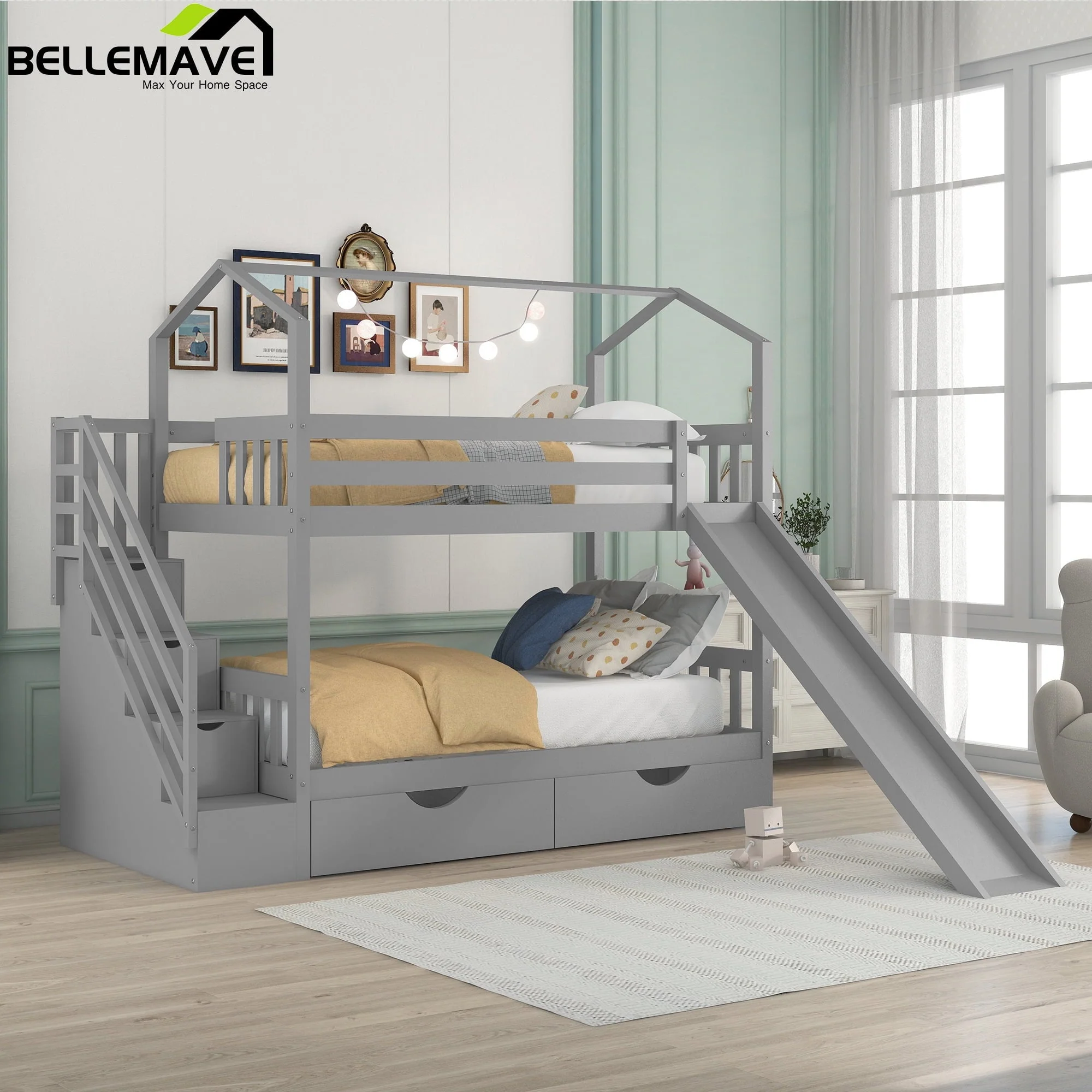 Bellemave Twin Over Twin House Bunk Bed with Slide and Stairs,Wooden Bunk Bed with Storage Drawers,Playhouse Bed for Kids,Teens(Gray) - Image 2