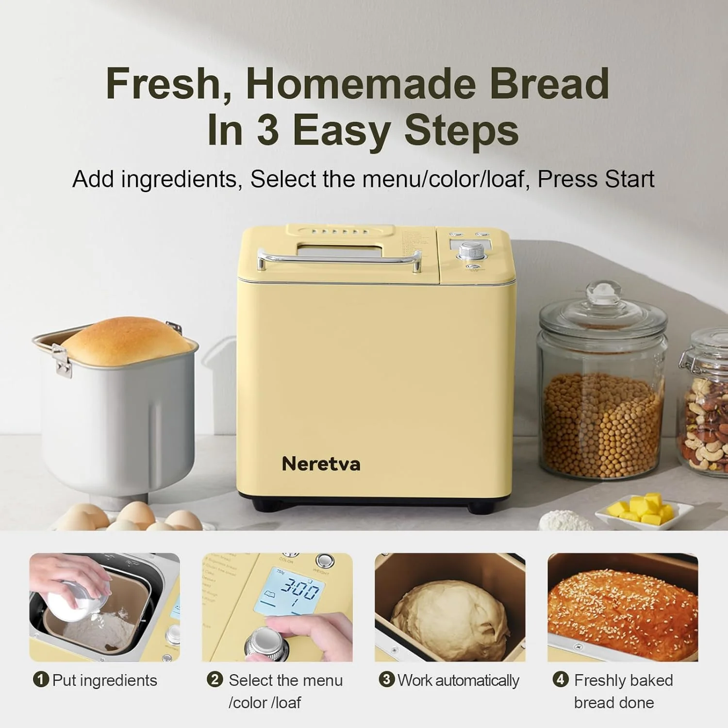 Neretva Bread Maker, 20-IN-1 2LB Bread Machine Dual Heater Bread Maker Machine Automatic with Nonstick Ceramic Pan, 15H Timer & 1H Keep Warm Set, Low Noise, Stainless Steel Breadmaker Recipe-Green