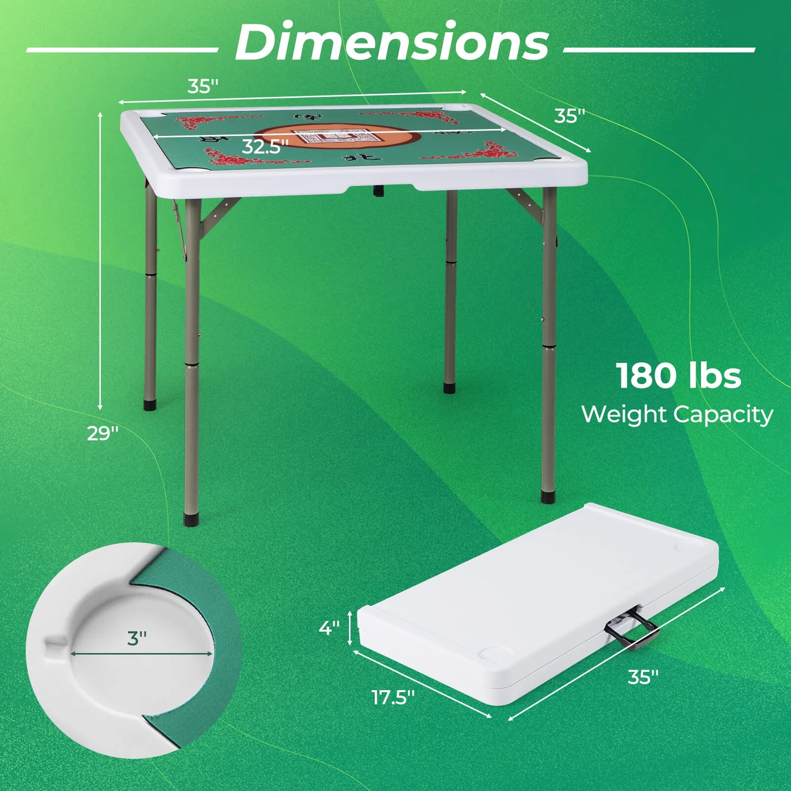 Costway 35" Folding Mahjong Table with Cup Holders & Smooth Felt Mat Carrying Handle Green - Image 33