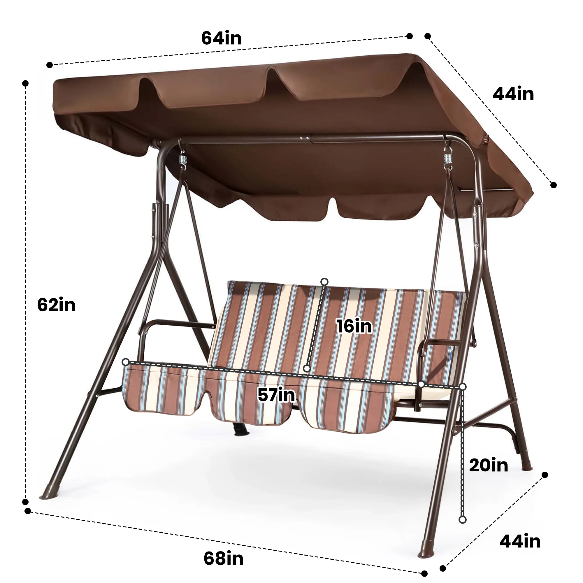 GVDV 3-Seat Steel Porch Paito Swing with Stand,Outdoor Swing Chair with Canopy,Yard swing&Outside swing,Canopy Swing-Brown - Image 21
