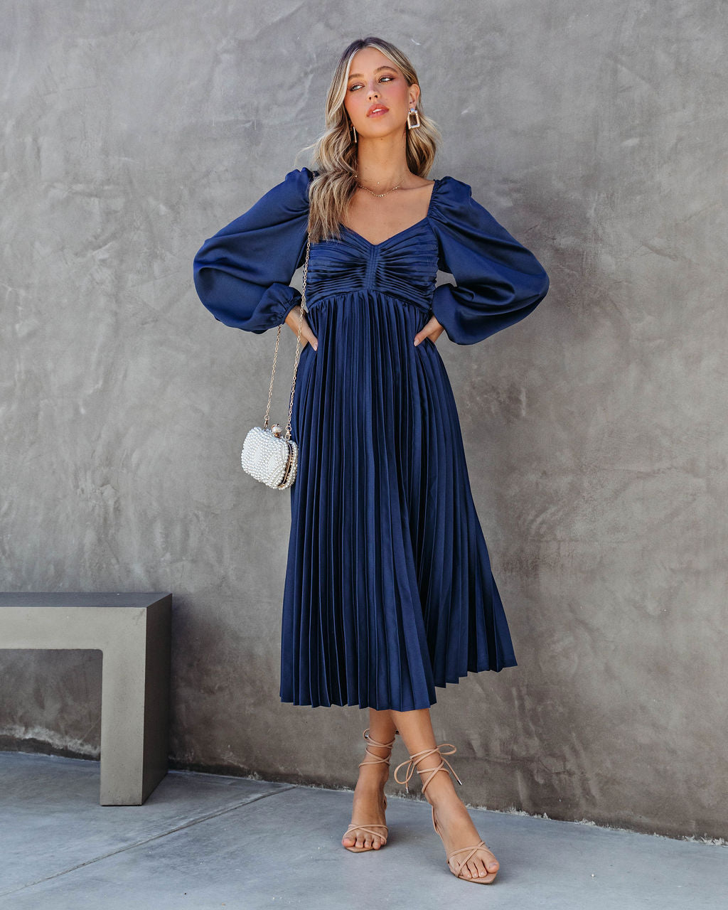 Romantic One Satin Pleated Midi Dress - Navy - Se7enfashion