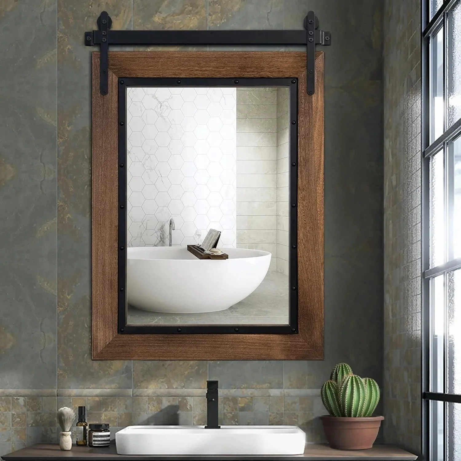 COSMOGO Farmhouse Barn Door Style Natural Wood Bathroom Vanity Wall Mirror 24 x 32 in - Image 6 COSMOGO Farmhouse Barn Door Style Natural Wood Bathroom Vanity Wall Mirror 24 x 32 in - Image 6