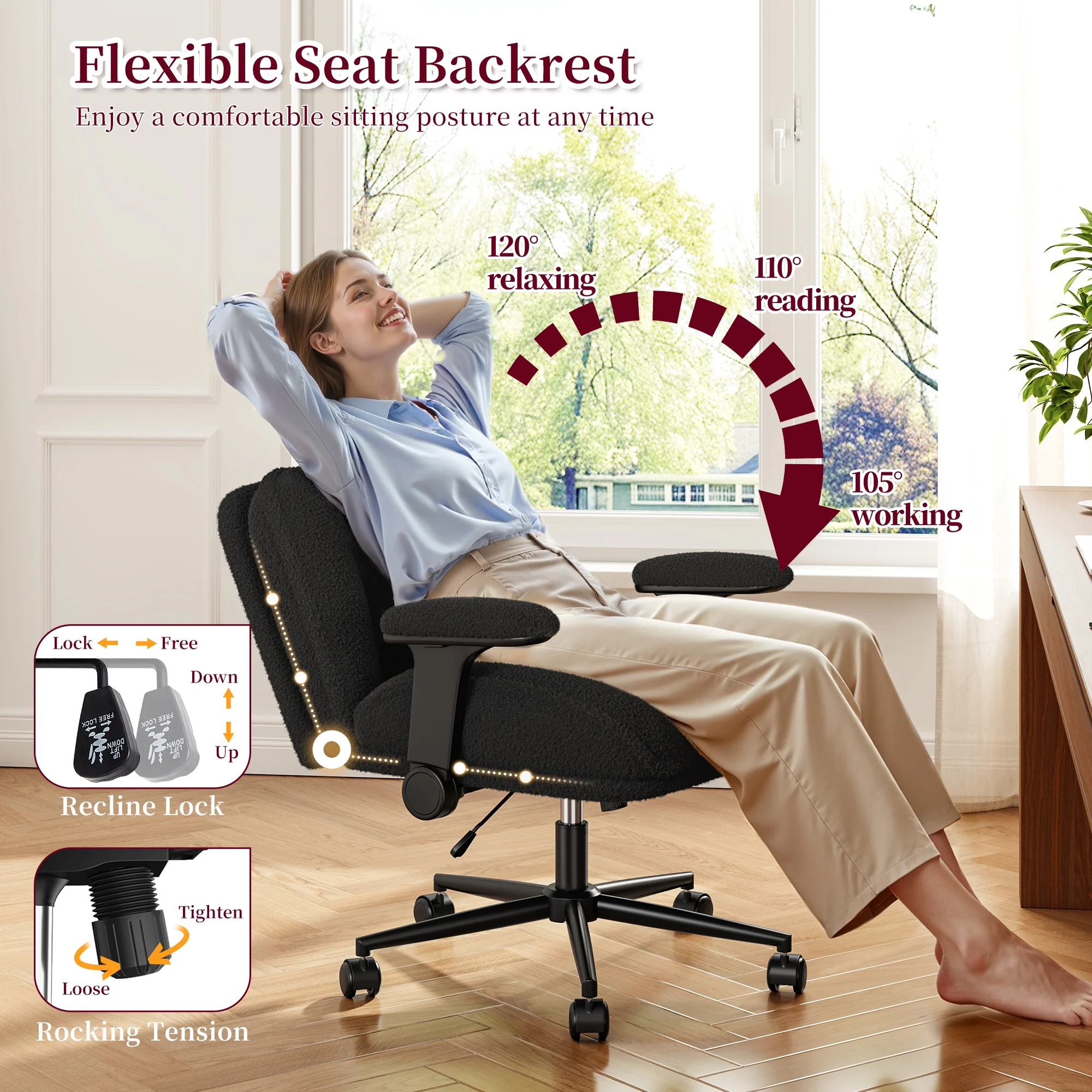 Romorgniz Criss Cross Chair with Adjustable Arms & Lumbar Support Office Chair with Reclining Back, Thick Cushion & Wheels for Office, Gaming, Reading, Vanity, Off-White - Image 20
