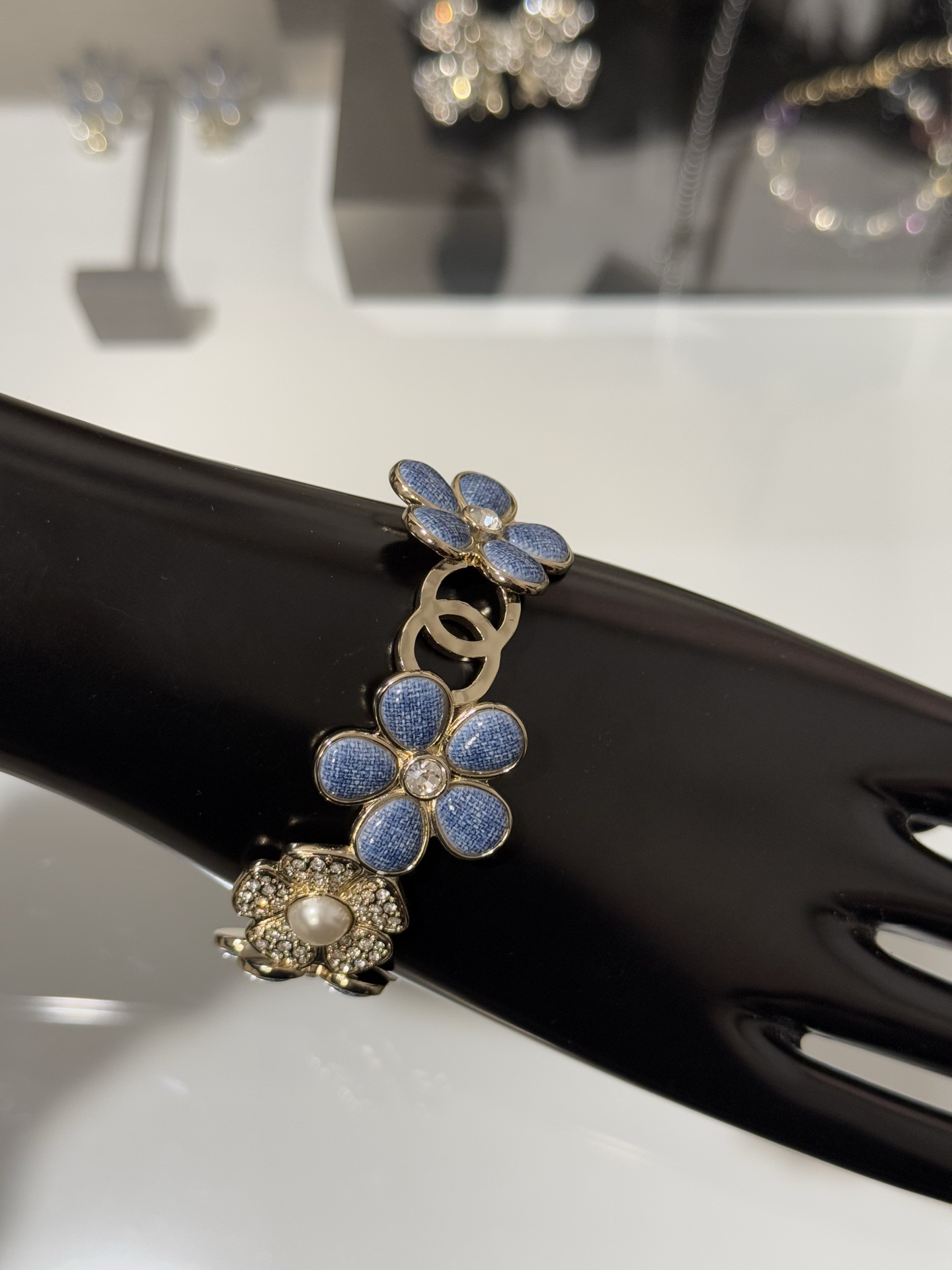 Chanel 26C Blue Denim Flower Diamond Paved Cuff Bangle Bracelet - Original Replica Club