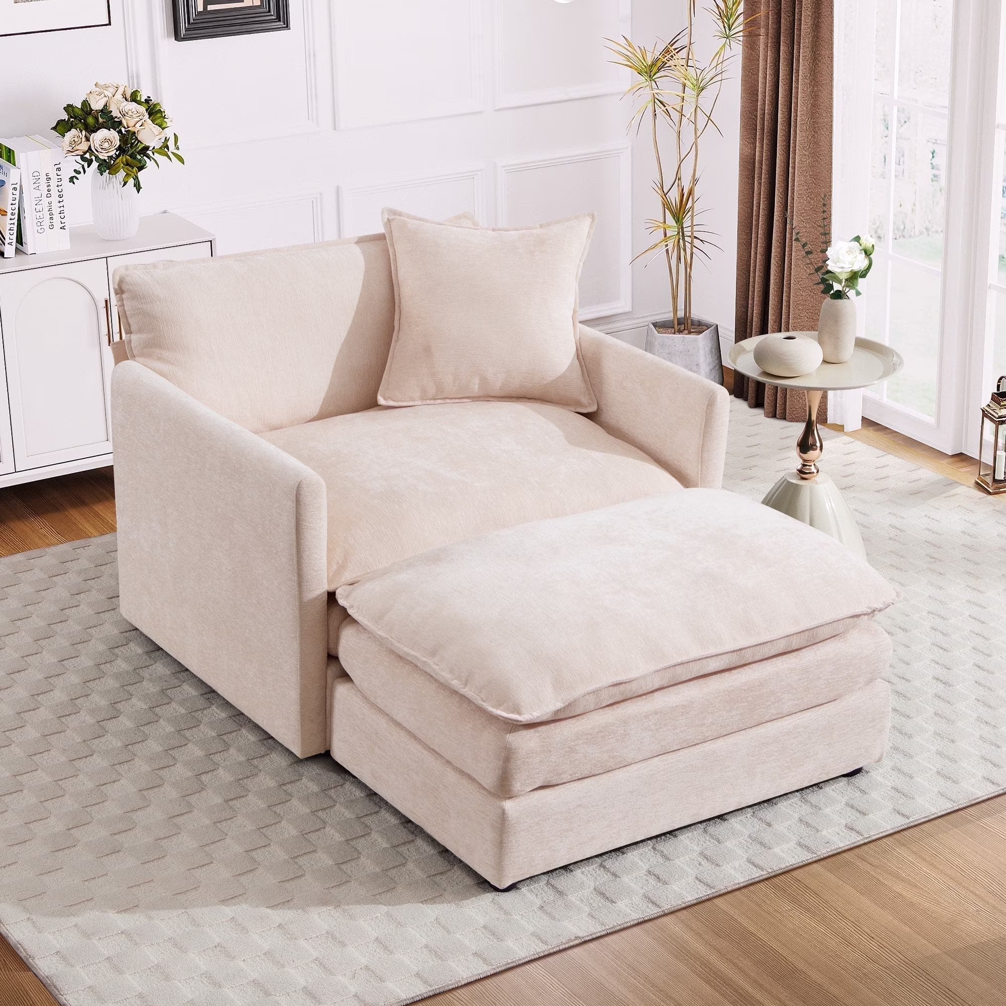 Muumblus Oversized Lounge Chair with Ottoman, Cloud Accent Armchair for Living Room, Beige Chenille(Green Chenille)