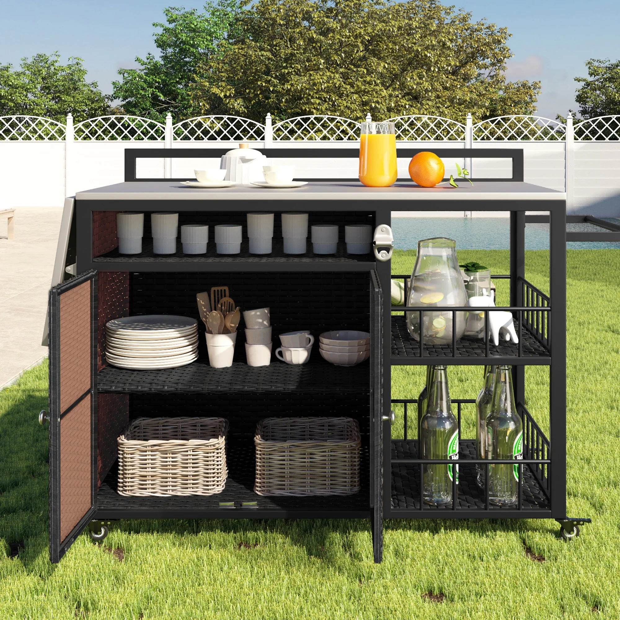 Euroco Outdoor Rolling Bar Cart with Foldable Stainless Steel Tabletop, Storage Cabinet, Bottle Opener & Lockable Wheels, PE Rattan Patio Kitchen Serving Station for BBQ & Entertaining - Image 8