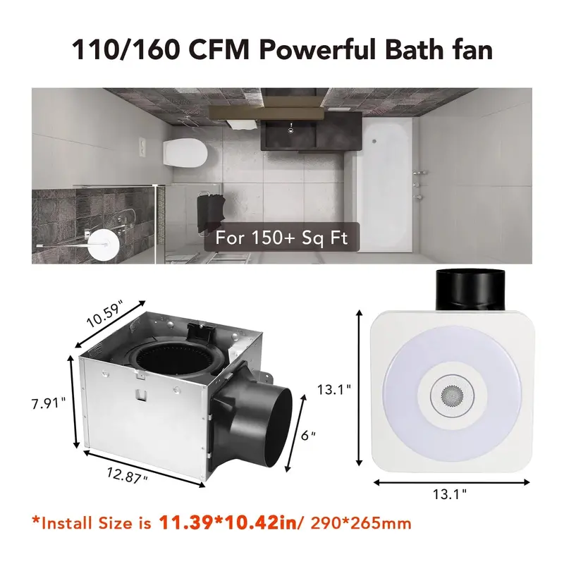 OREiN Bluetooth Bathroom Exhaust Fan With 3CCT LED Light And Speaker, 110/160 CFM - Image 5 OREiN Bluetooth Bathroom Exhaust Fan With 3CCT LED Light And Speaker, 110/160 CFM - Image 5