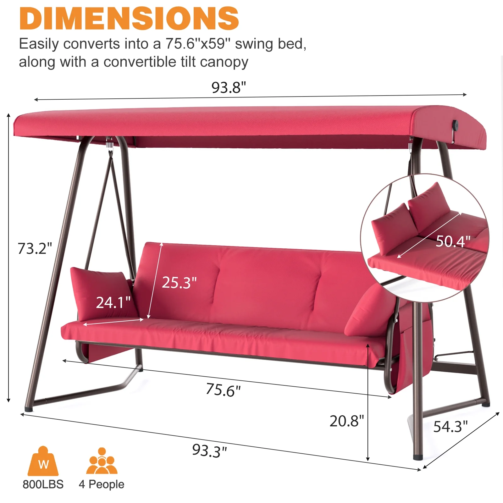 CHINNLUU Oversized 4 Person Porch Swing with Stand 800 LBS Capacity Adjustable Canopy Backrest Includes Cushions Pillows Patio 2 in 1 Swing Bed for Backyard Garden Poolside, Champagne - Image 15