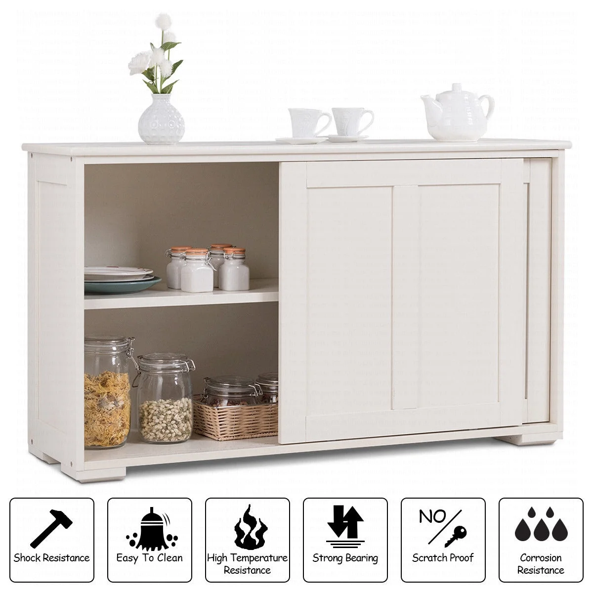 Costway Kitchen Storage Cabinet Sideboard Buffet Cupboard Wood Sliding Door Pantry White - Image 8