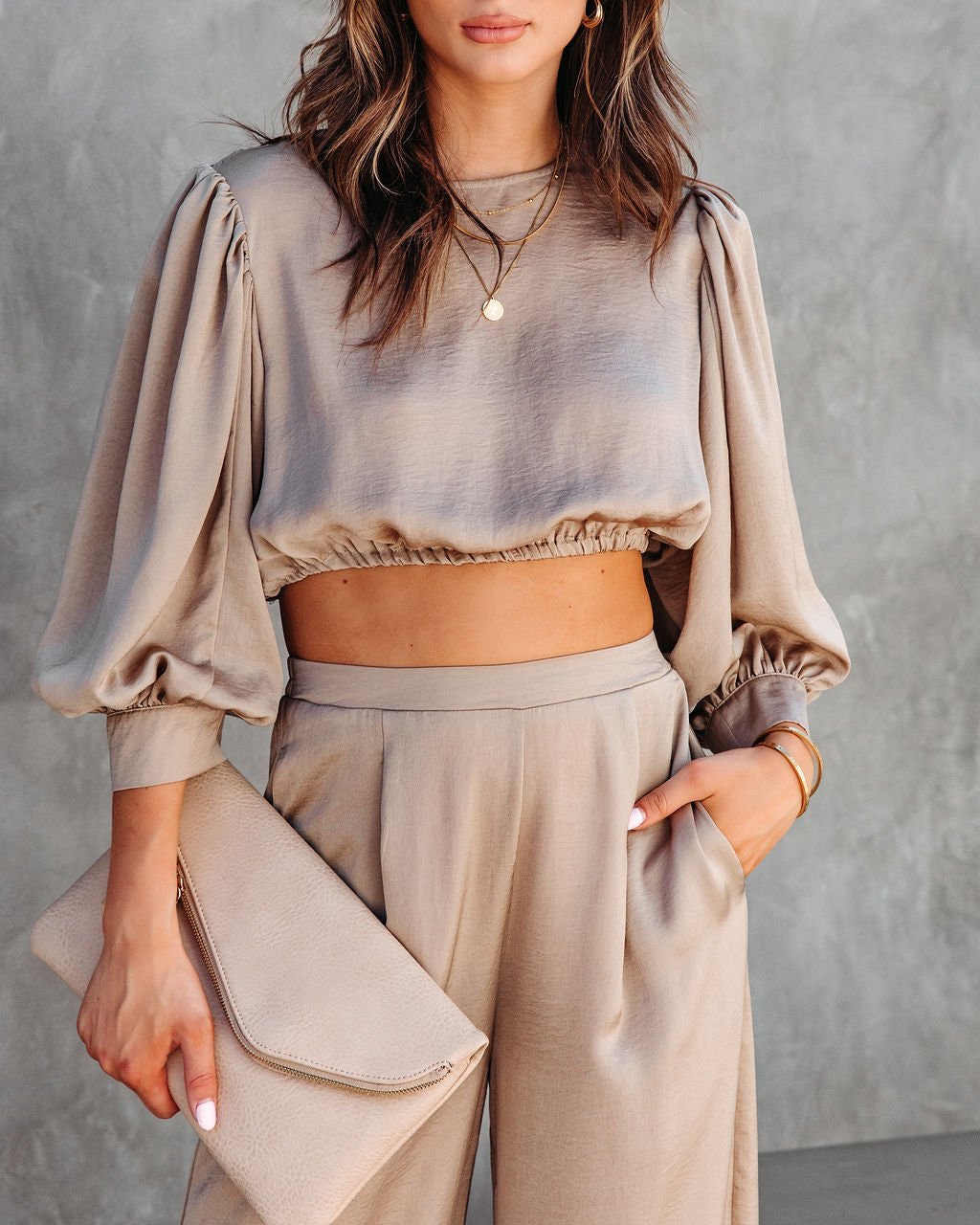 Attention Please Balloon Sleeve Crop Top - Taupe - Se7enfashion