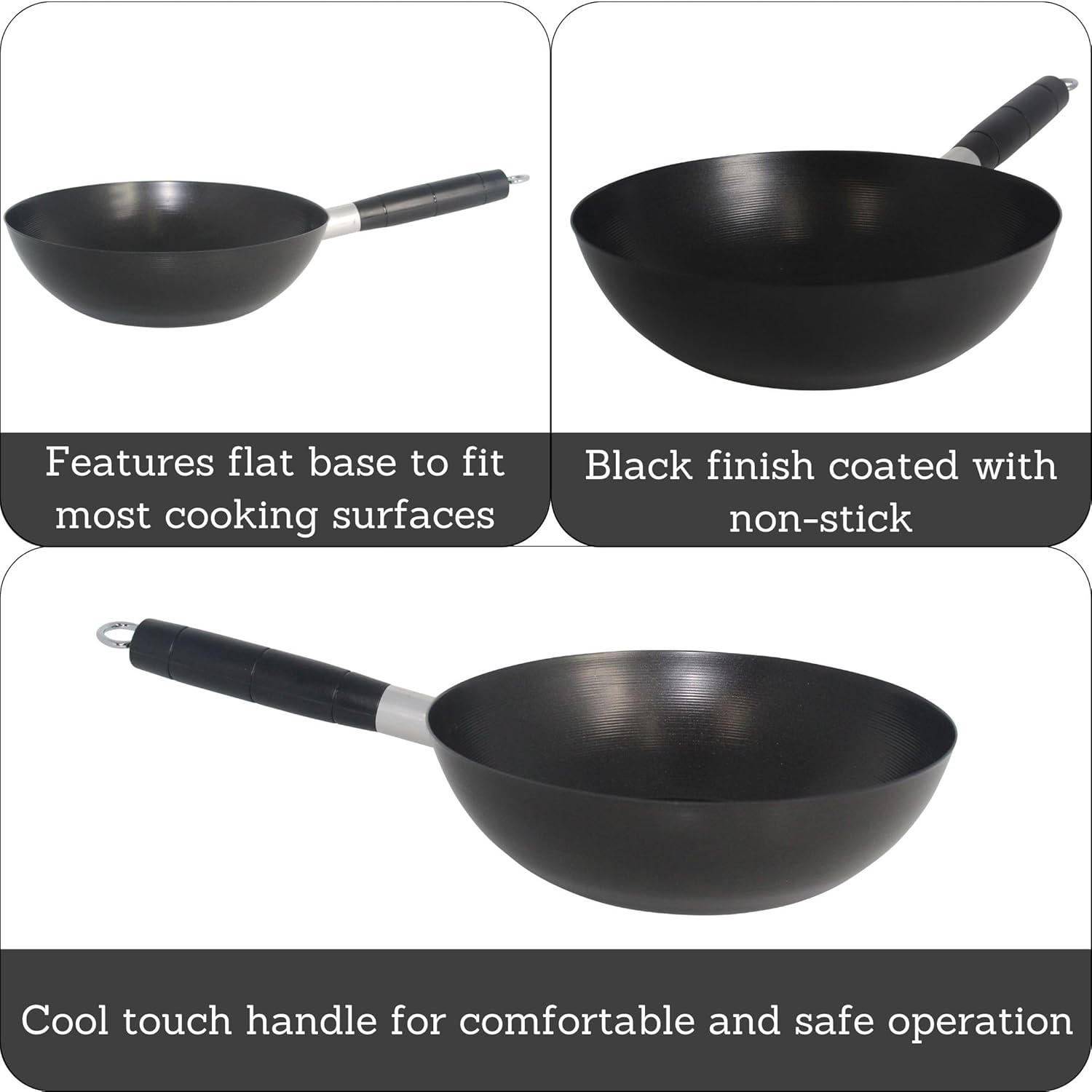 IMUSA Carbon Steel Nonstick Wok 9.5 in Flat Bottom Wok Pan for Electric Stove with Cool Touch Handle, Black Coating, Lightweight Steel Wok for Stir Fry and Fried Rice