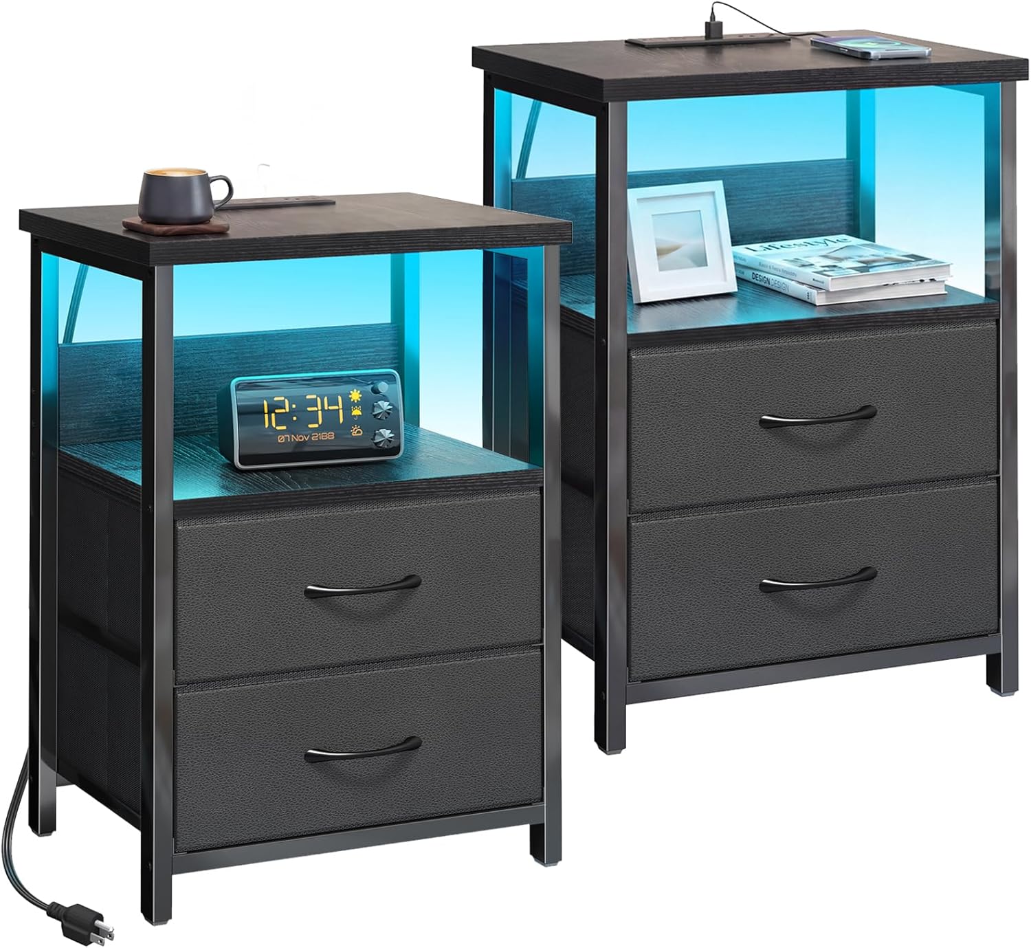 Black Nightstand Set of 2 with Charging Station, RGB LED & 2 Fabric Drawers - Image 3 Black Nightstand Set of 2 with Charging Station, RGB LED & 2 Fabric Drawers - Image 3