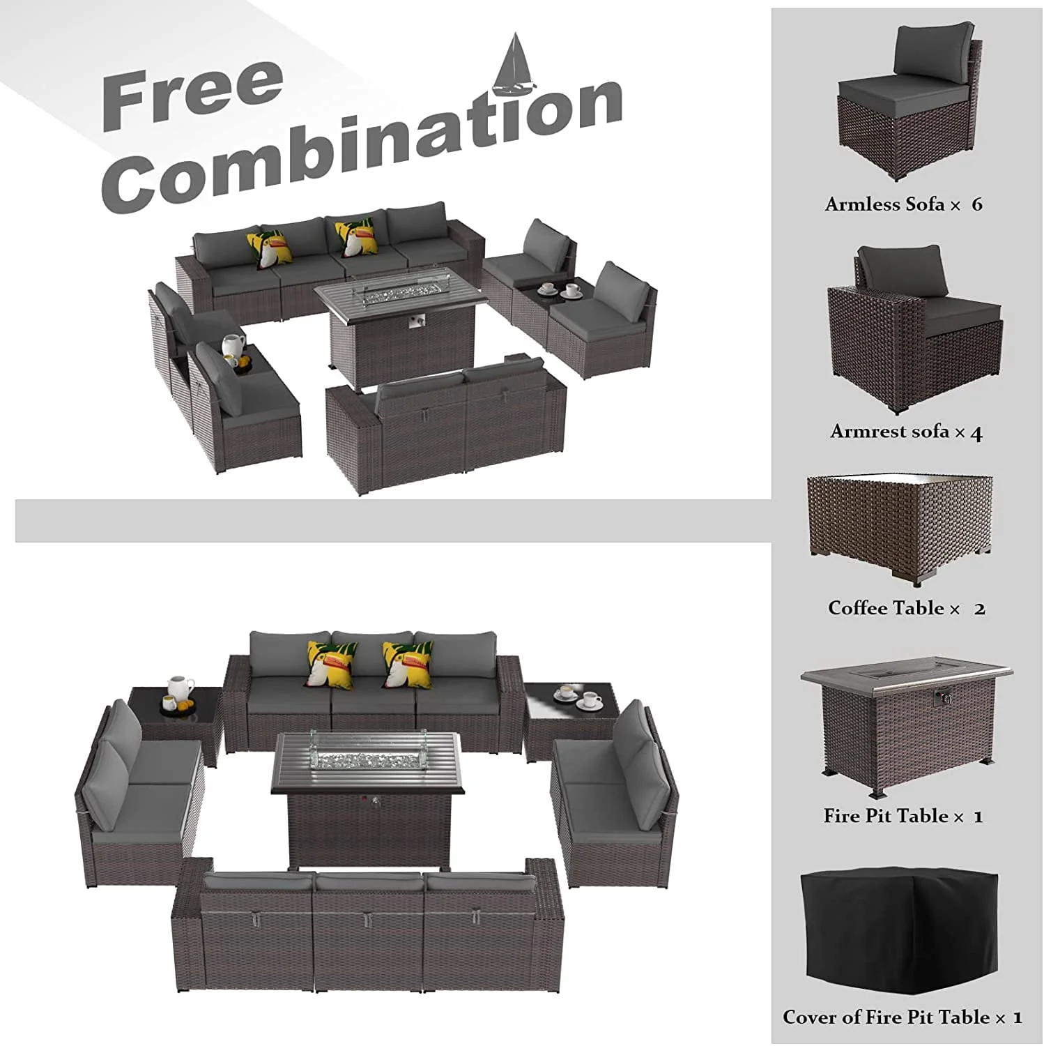 Gotland 13 Pieces Outdoor PE Rattan Wicker Patio Furniture Set with 43" Fire Pit Table Outdoor Steel - Image 5
