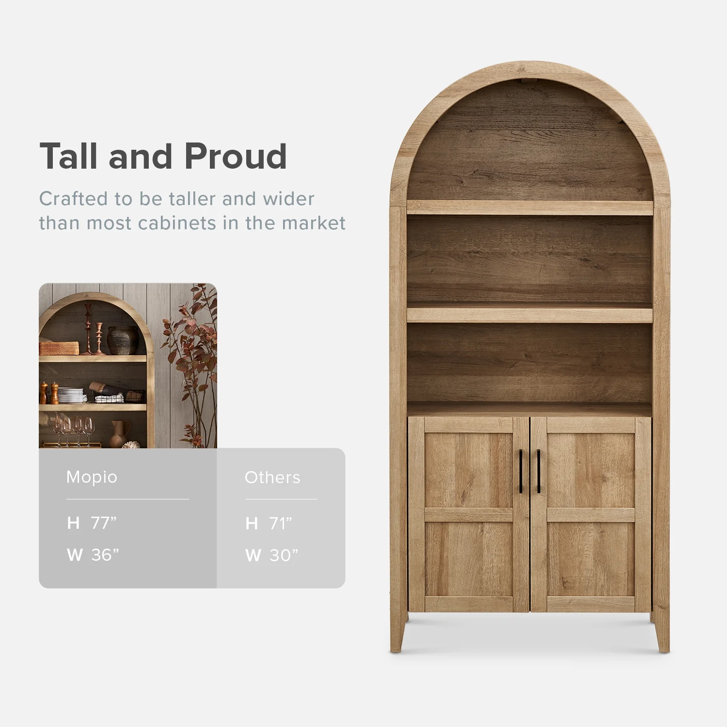 mopio Lauren 65.4" Arched Cabinet, 5-Tier Arched Bookcase with Doors and Shelves, Arched Bookshelf with Storage, Kitchen Pantry Cabinet, Wooden Storage Cabinet for Living Room, Kitchen (Oak) - Image 30